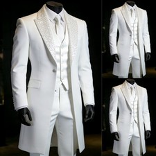 3 Pcs Men Suits Shiny Crystal Tuxedo Blazers Luxury Wedding Long Jackets for Man