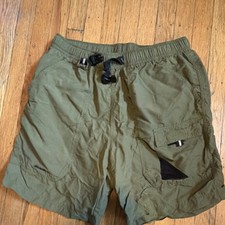 Nylon Cargo Shorts Green Drawstring Elastic Waist Pockets Flat Front Men M