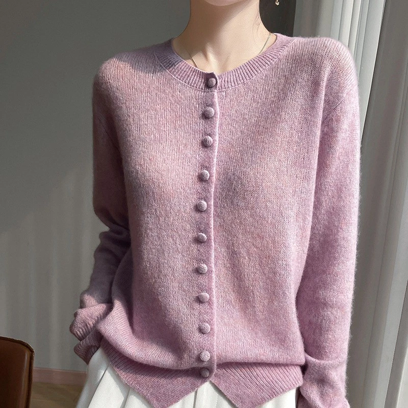 New Silk Cashmere Crew Neck Knitted Cardigan Long Sleeve Soft Top Women Sweaters - Image 3 of 4