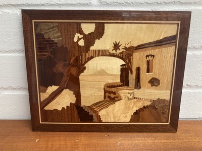 Vintage Sorrent Ware ''Italienische Küste'' Holz Intarsien Plakette