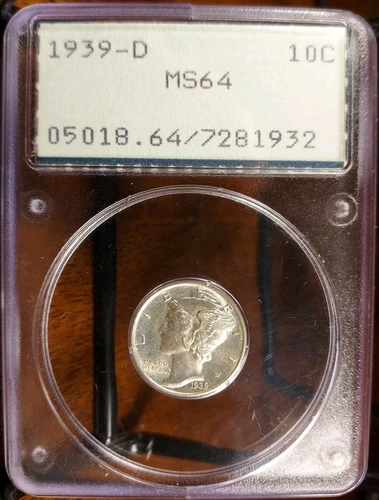 1939 D Mercury Dime Old Green Holder "Rattler" PCGS Graded MS64