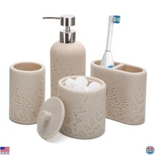 Beige 4-Pc Bathroom Accessories Set, Resin Soap Dispenser, Toothbrush Holder