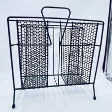 Mid Century Metal Magazine Rack Mesh Sides Record Holder MCM Black Vintage READ