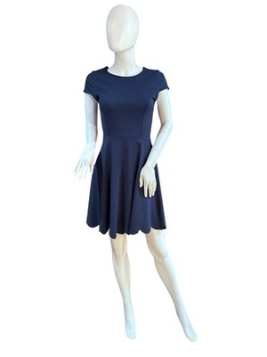 Lulus Navy Blue Fit & Flare Dress Small Short Sleeve Scallop Hem Skater Style