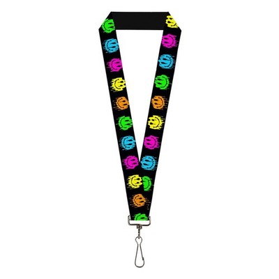 Buckle-Down Lanyard, Smiley Face Melted Repeat Black Multi Neon, Ela (US IMPORT)