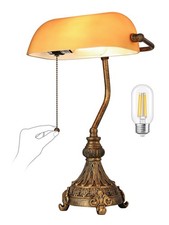 Vintage Amber Glass Bankers Desk Lamp for Home Office,Library with Pull Chain...