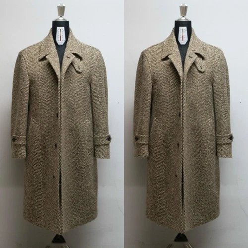 Vintage Men's Overcoat Brown Tweed Herringbone Windproof Winter Warm Long Coat - product listing photo