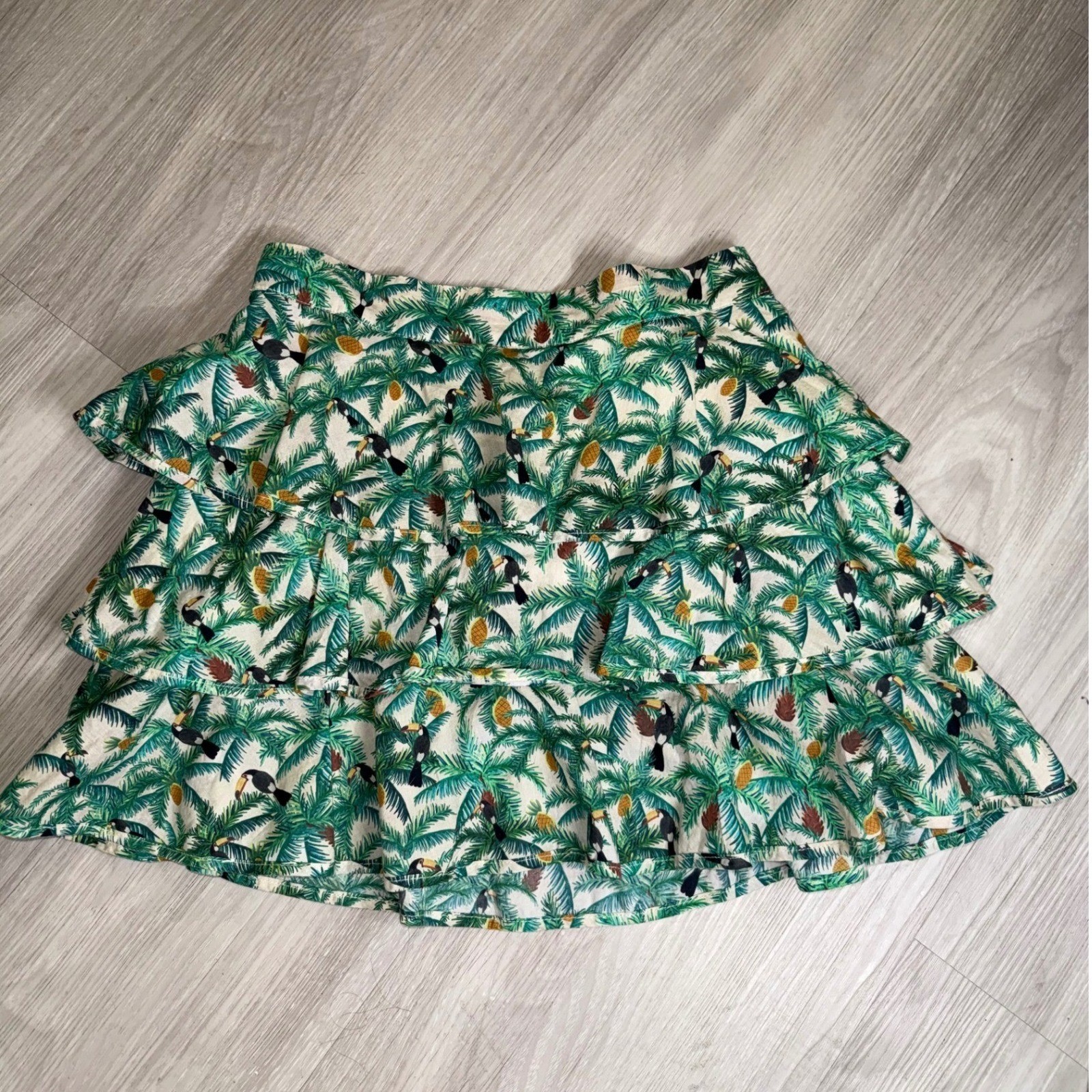 Farm Rio Tropical Toucan Palm Print Tiered Mini Skirt Resort Brazil Women Small