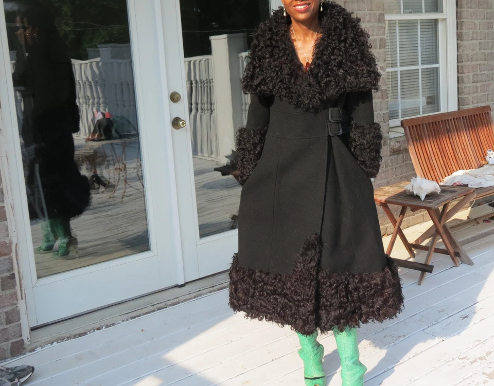 Designer Full length Black wool & mongolian lamb Fur trim Coat Jacket S 0-8