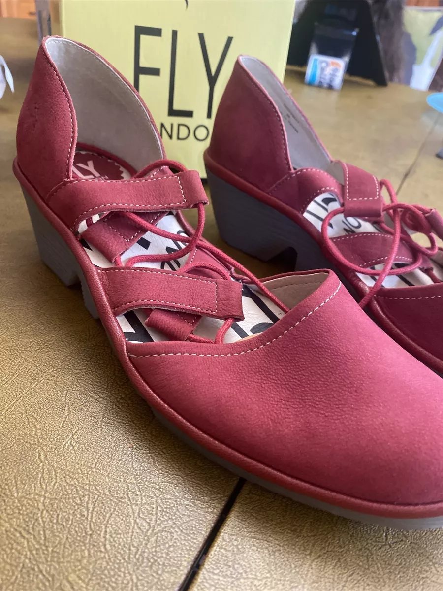 FLY London Leather Closed Toe Lace up Wedges Poma Scarlet eBay