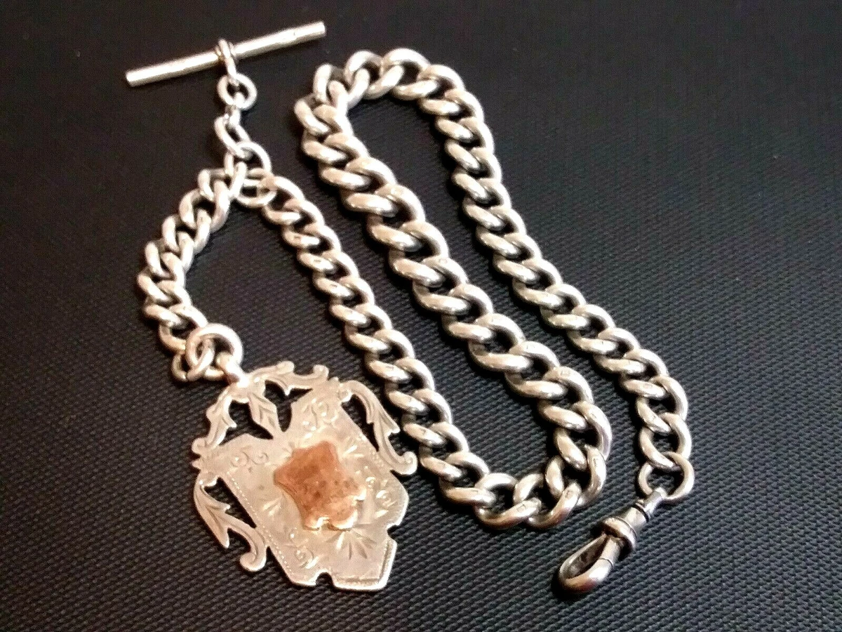 Heavy 95 Gram Sterling Silver Albert Chain and Sterling Gold