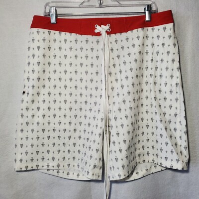 QED Boardshorts Mens Medium Geometric Style White Drawstring Pockets NWT