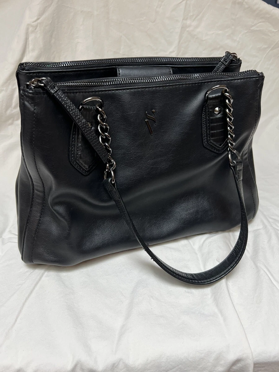 Simply Vera Vera Wang Handbag Leather Black 3 Zipper Compartments Chain On  Strap