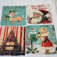 Vintage Christmas Pillow Covers 4 Set Retro Holiday Scene Artwork Decorative New