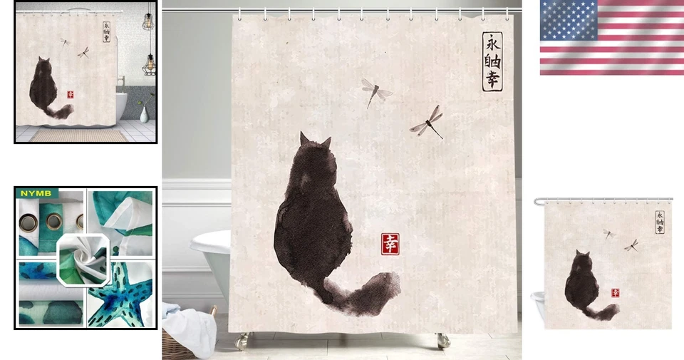 Elegante Cortina de Ducha Japonesa Impermeable para Gato - Completa con Ganchos, 72x72 pulgadas Foto 2 de 4