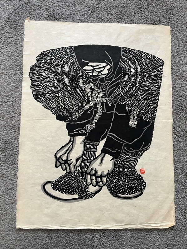 Vintage Japanese woodblock print of a farmer by Kojima Tokojiro