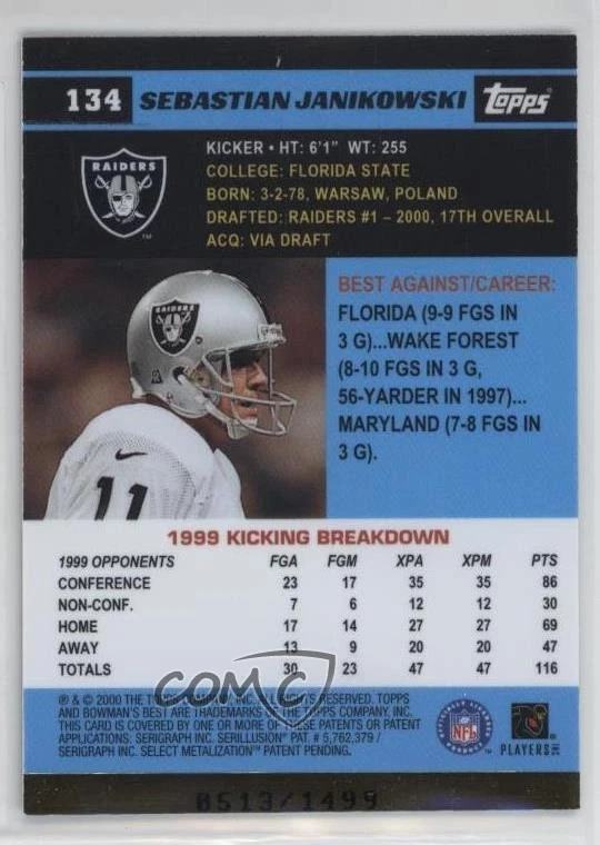 2000 Bowman's Best /1499 Sebastian Janikowski #134 Rookie RC - Image 2 of 2