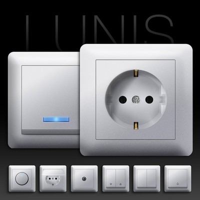 Steckdose Steckdosen Lichtschalter Schuko Schalterprogramm Taster LUNIS Silber