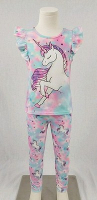  Girls Unicorn Pajama Set Flutter Sleeve Top Leggings Sleepwear (260518-03)