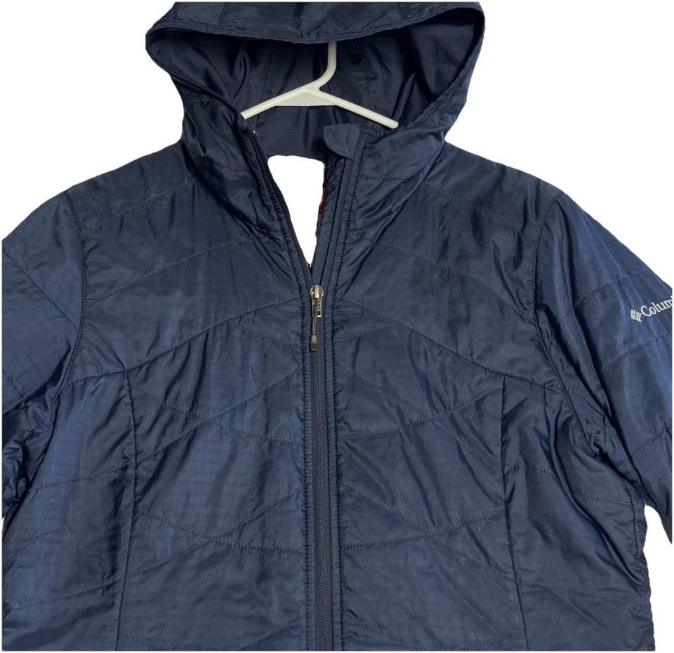 Columbia Omni Heat 女式中号 Puffer 夹克长蓝色连帽隔热外套 — 第 3/4 张图片