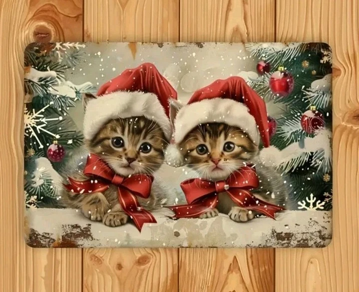 Vintage Christmas Kittens Santa Hat Metal Tin Sign 12x8 Iron Xmas Wall Art Gift - Image 2 of 4