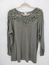 J Jill Top Womens XL Olive Green Slub Knit Lacey Shoulders Boho Peasant Blouse
