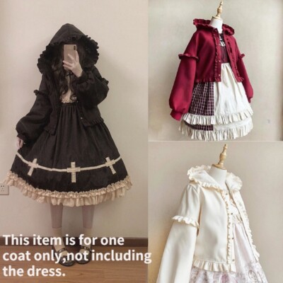 Damen Lolita Mantel mit Kapuze Jacke Rüschen Puffärmel Gothic Fleecefutter Süß