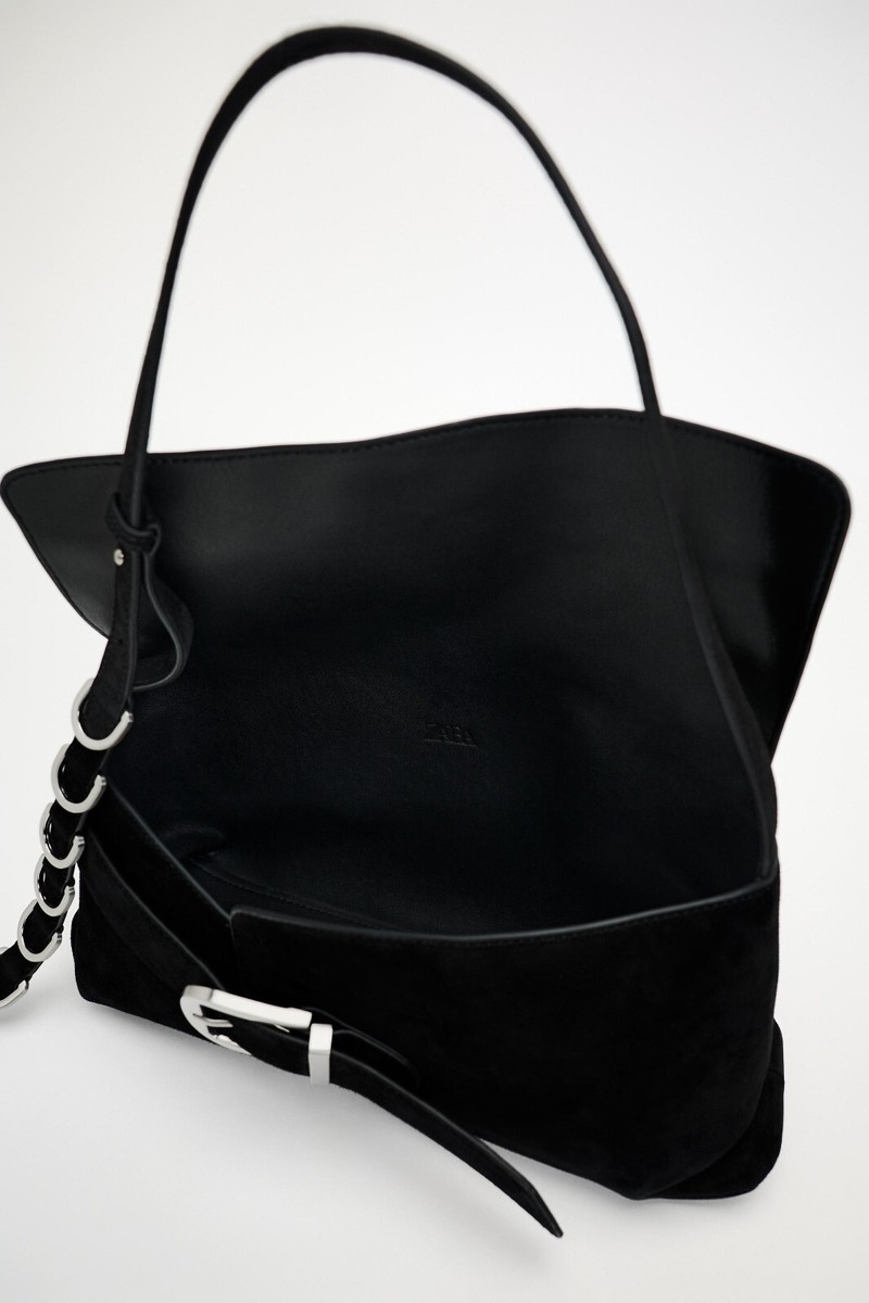 Zara 100% Suede Leather Crossbody Bag With Buckle Strap