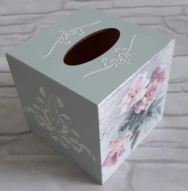 Roses Flowers Tissue Square Box Cover Holder wooden handmade decoupaged - Image 1 of 1