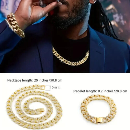 Hip Hop 14k Gold Iced Cubic Zirconia Chain & Bracelet Mens Miami Cuban Necklace - Picture 1 of 4