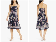 VINCE CAMUTO Navy Blue Floral Stripe Belted Cotton Smocked Back Sun-Dress 0 = XS