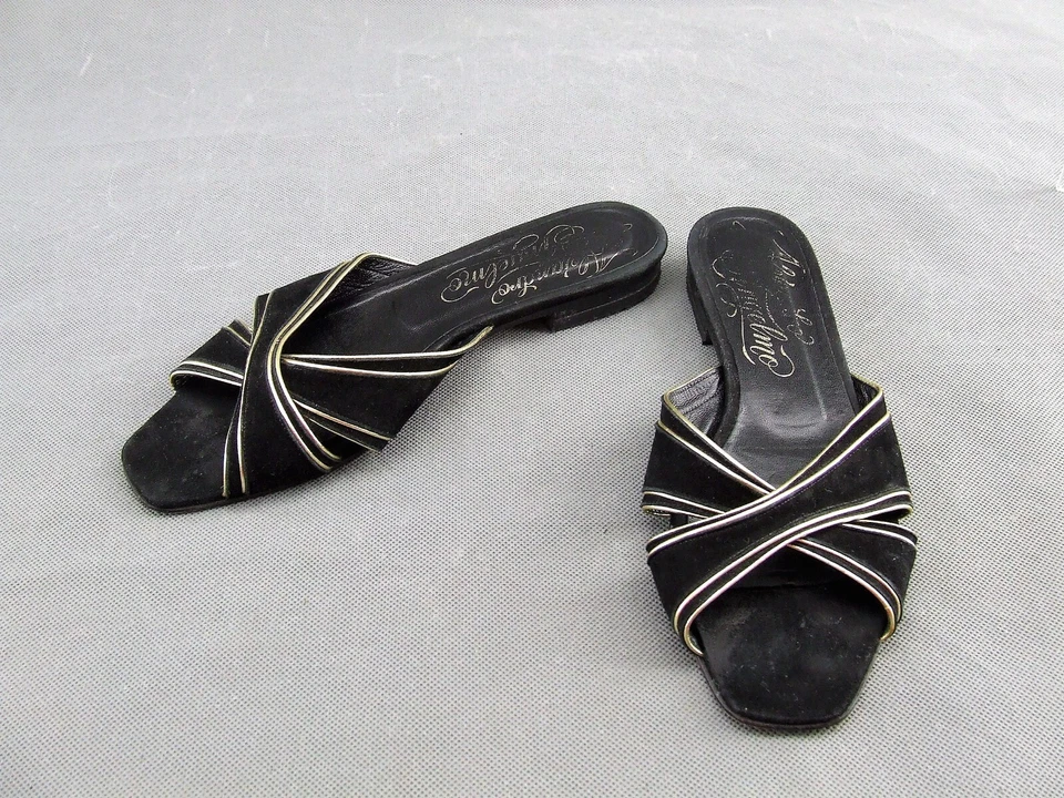 Alejandro Ingelmo Black Suede Leather Slides Metallic Gold Trim Sandals 38.5 — 第 2/4 张图片