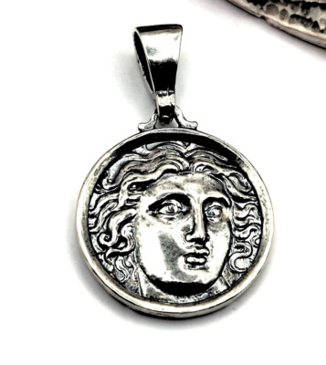 Antike griechische Münze Apollo Gott der Sonne Helios Sterling Silber 925 Anhänger