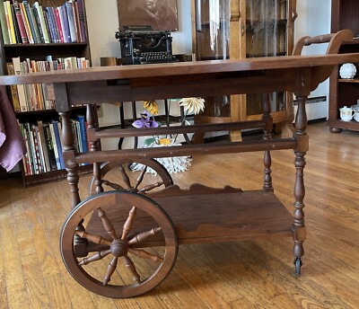 Antique Drop Leaf  Table Server Tea Cart Bar Wood on Wheels w/ Handle