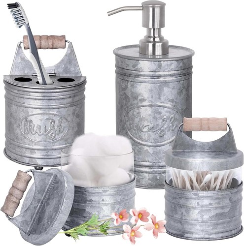 Rustic Bathroom Accessories Set 4 - Galvanized Soap Dispenser, Rustic Toothbrush