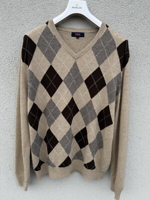 NEU PFM Herren Pullover XXL Beige Reine Schurwolle Argyle Print V-Ausschnitt Pulli