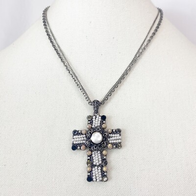 BLV Rhinestone Pearls Beads Cross Pendant Dbl Chain Statement Necklace Religious