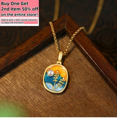 Pearl Retro Flower Pendant Necklace Charm 18K Gold Plated Monet Garden Style