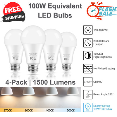Pack Of 4 100W Equivalent LED Bulbs   13W 5000K Daylight, 1500 Lumens, E26 Base
