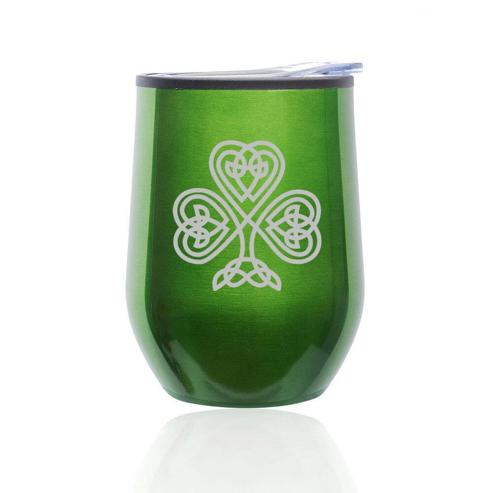 Stemless Wine Tumbler Coffee Travel Mug Glass Cup w  Lid Celtic Clover Shamrock