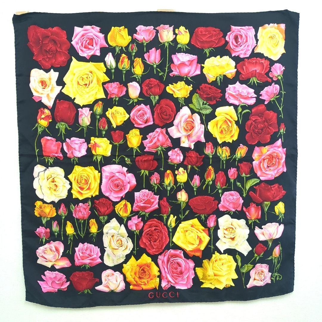 Gucci 100% Silk Floral Rose Scarf Black Red Made in Italy Japanese Import  