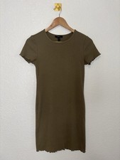 Forever 21 Olive Green Ribbed Bodycon Mini Dress Lettuce Hem Short Sleeve Size M