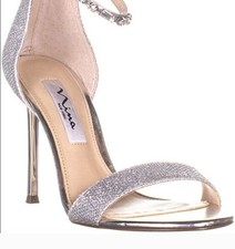 Nina Womens 9M Silver Crystal Satin Strappy Stiletto Heels NIB GB5