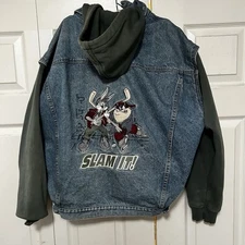 Vintage 90s Looney Tunes Denim Jacket/Hood Basketball Acme Cartoon Slam It  XL