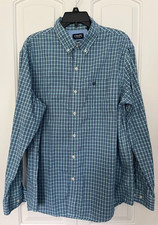 Men's CHAPS BLUE PLAID Long Sleeve Button Front Easy Care SHIRT Size XL