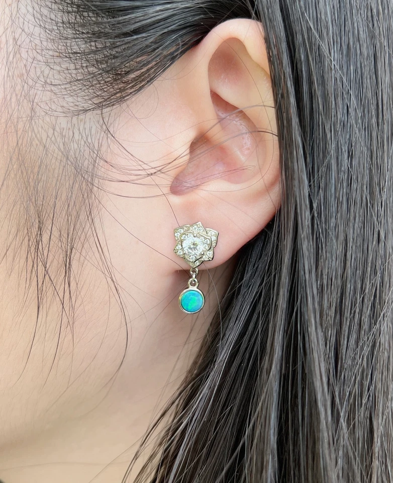 Opal Earrings Australian Natural Dangle Drops Push Back Flower Pattern Diamond — 第 2/4 张图片