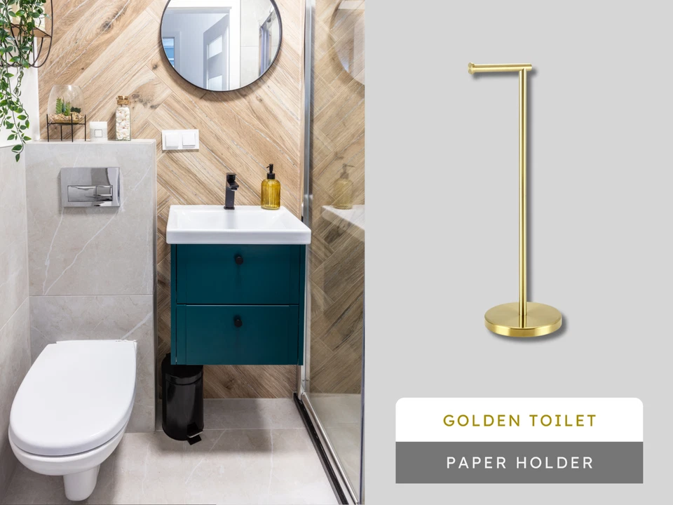 Suporte de papel higiênico dourado – Suporte de tecido de banheiro independente com Stora - Imagem 3 de 4