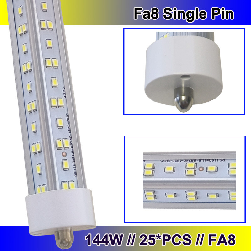 25 Pack 8FT FA8 Single Pin Led Tube Light Bulbs 144W 8Foot Led Shop Lights 6500K