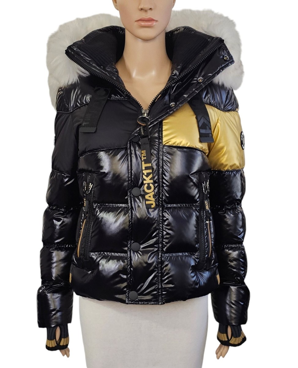 JACK1T Black & Gold Down Hooded Removable Faux Fur Puffer Jacket