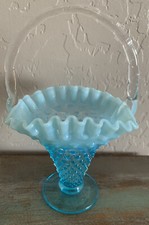 Vintage Fenton Aqua Blue Opalescent Hobnail 9" Ruffled Vase w/ Handle